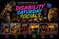 Promotional poster for Disability Saturday Socials event with animals and people, featuring vibrant text and graphics.
