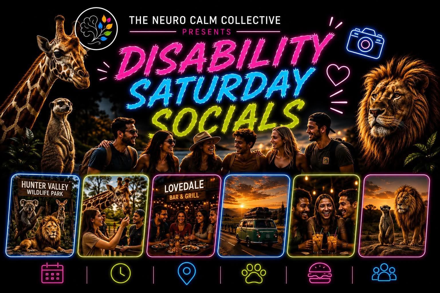 Promotional poster for Disability Saturday Socials event with animals and people, featuring vibrant text and graphics.