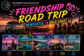 Promotional graphic for 'Friendship Road Trip' from Newcastle to Gold Coast, featuring a van, beach scene, and scenic stops.