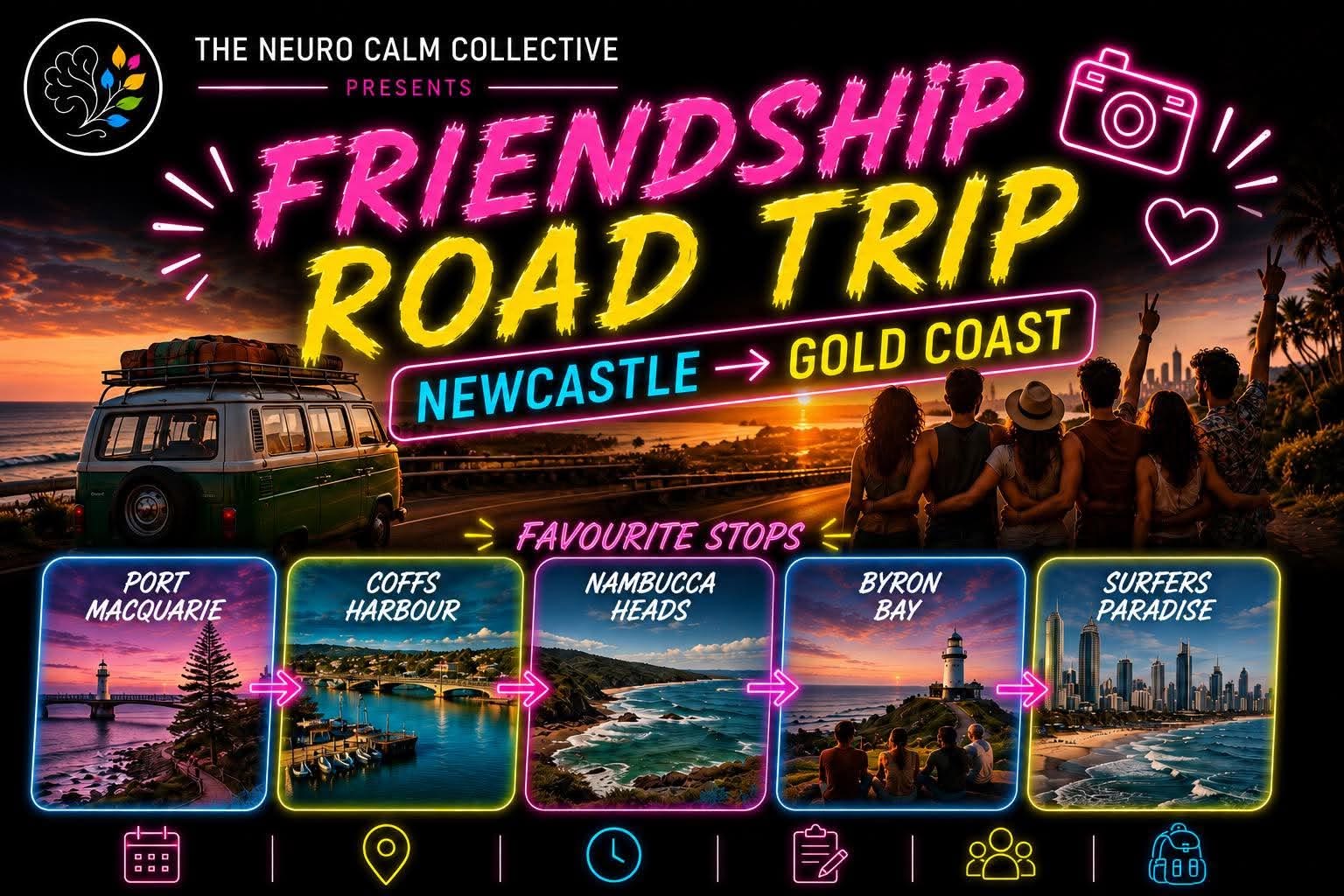 Promotional graphic for 'Friendship Road Trip' from Newcastle to Gold Coast, featuring a van, beach scene, and scenic stops.